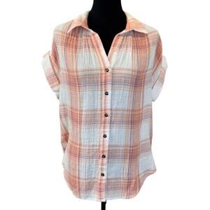 NEW CASLON NORDSTROM White Orange Plaid Short Sleeve Button-Up Shirt Size S